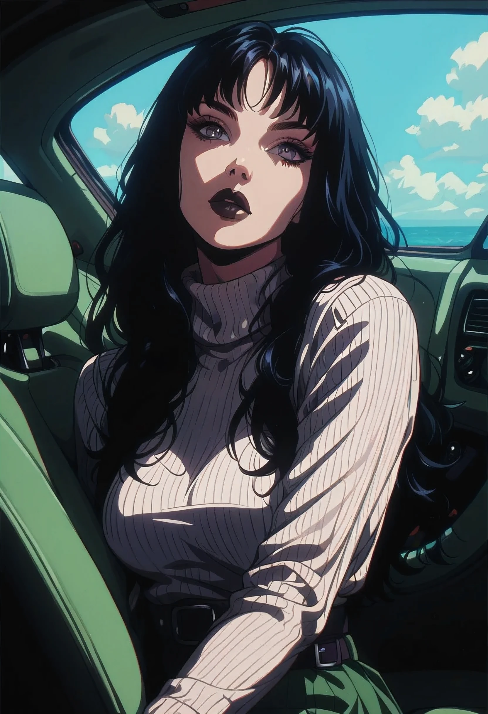 score_9, score_8_up, score_7_up, score_6_up, gundamwingcockpit, 1 girl, black hair with green tips, long hair, violet eyes, medium breasts, ribbed sweater, suspender skirt, dark lips, medium shot, finger gun, GLSHS, NEOST