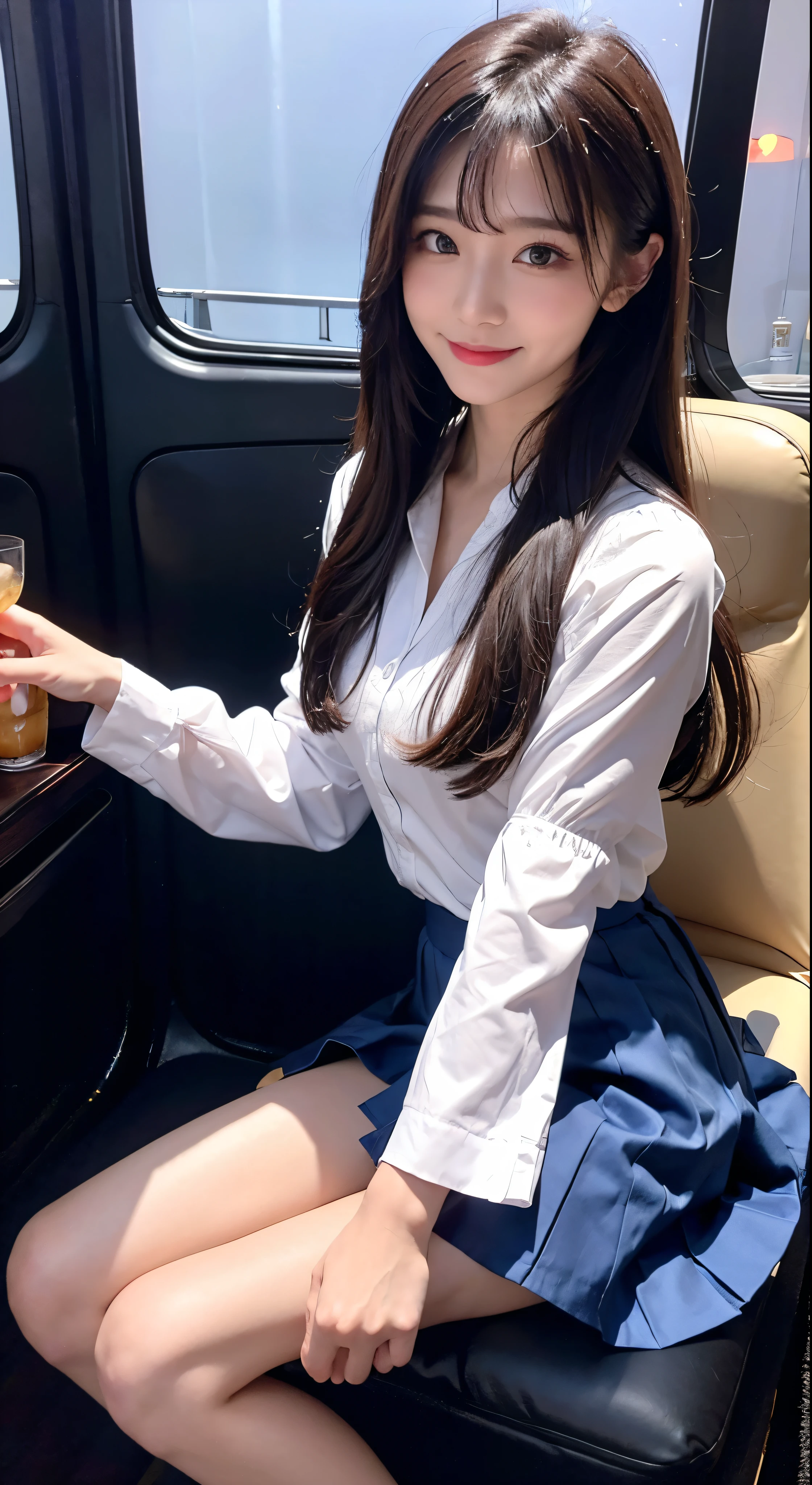 masterpiece、first-class、Bewitching pose、Full-body wide-angle、smile、(seat:1.1)、shaved ice、(shaved ice:1.0)、スプーンとshaved iceを持ち、Facial details、Silence Suzuka、White handbag、Black Skirt、Pleated skirt、White Pantyhose、Layered sleeves、Puffy short sleeves、Long sleeves to short sleeves、Red Shirt、festival
