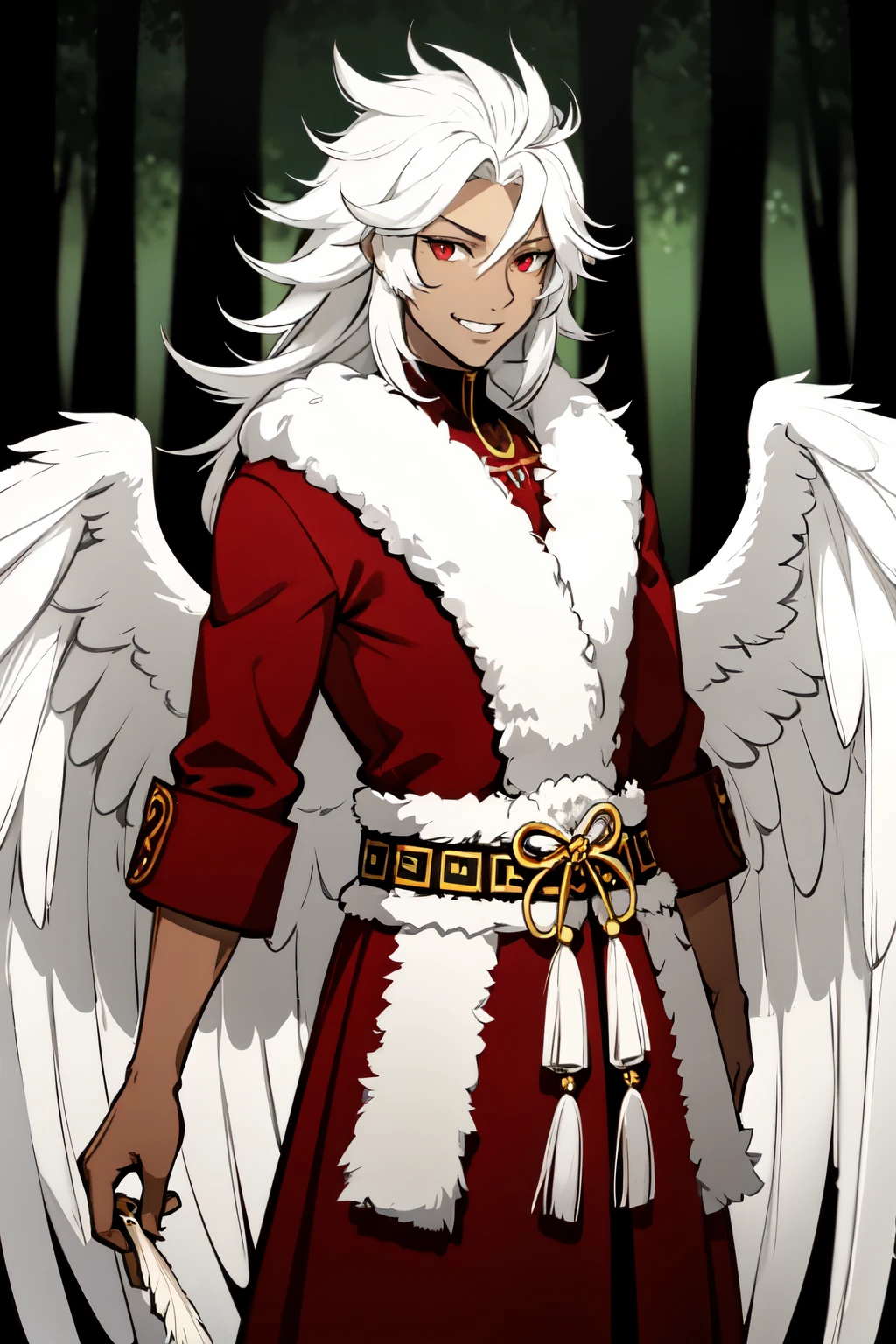 male, dark skin, brown skin, pretty, red eyes, white hair, fluffy hair, messy hair, mane of hair, long hair, feathers, feather crest, native, fangs, tall, wings, bishounen, brown wings, forest, sharp eyes, red mascara, sparrow, mature, tribal, smile, cheerful, muscular, one person, bravairy, highlights, masculine