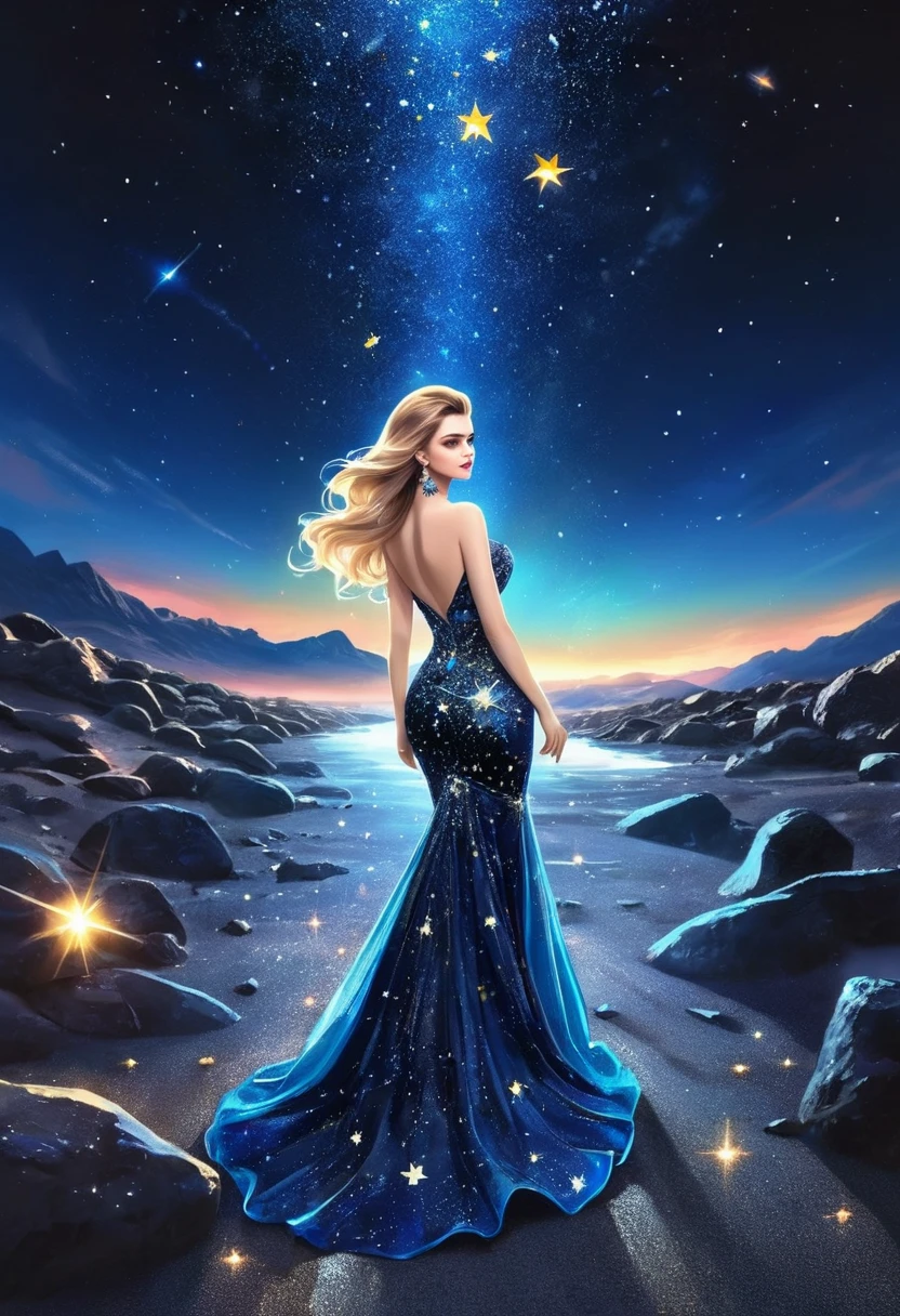 a glamour picture shot, of an elite model covered in stars, walking on a (dark catwalk: 1.2), an extraordinary glamourous elite female model, ((full body: 1.5)),  ((anatomically correct: 1.5), (ultra detailed face: 1.2), best detailed face, yrllow hair, long hair, lush hair, glam hair cut, blue eyes, delicate face, light make up, wearing intricate detailed dress, glamour dress, haute couture dress, elite fashion dress, black as night dress, decorated with bright stars, starlight,  small cleavage, wearing high heels, elegant high heels, she wears diamond necklace, she is glows in a soft starry light, she walks on (asteroid catwalk: 1.2), elite fashion show background, vibrant, Hyperrealism style, vibrant, Ultra-high resolution, High Contrast, (masterpiece:1.5), highest quality, Best aesthetics), best details, best quality, highres, ultra wide angle, 16k, [ultra detailed], masterpiece, best quality, (extremely detailed) RAW, chumbasket art style, magical sky, star