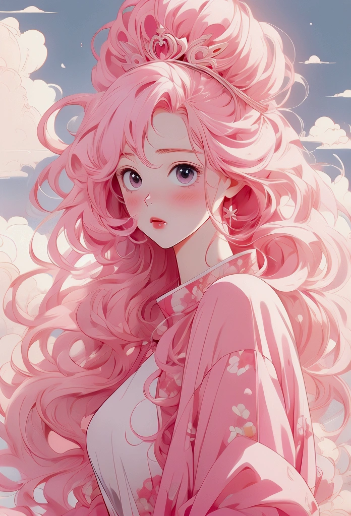 anime girl, pink hair, pink queen, pink clothes, pink pjps, red head, Long hair, Cartoon