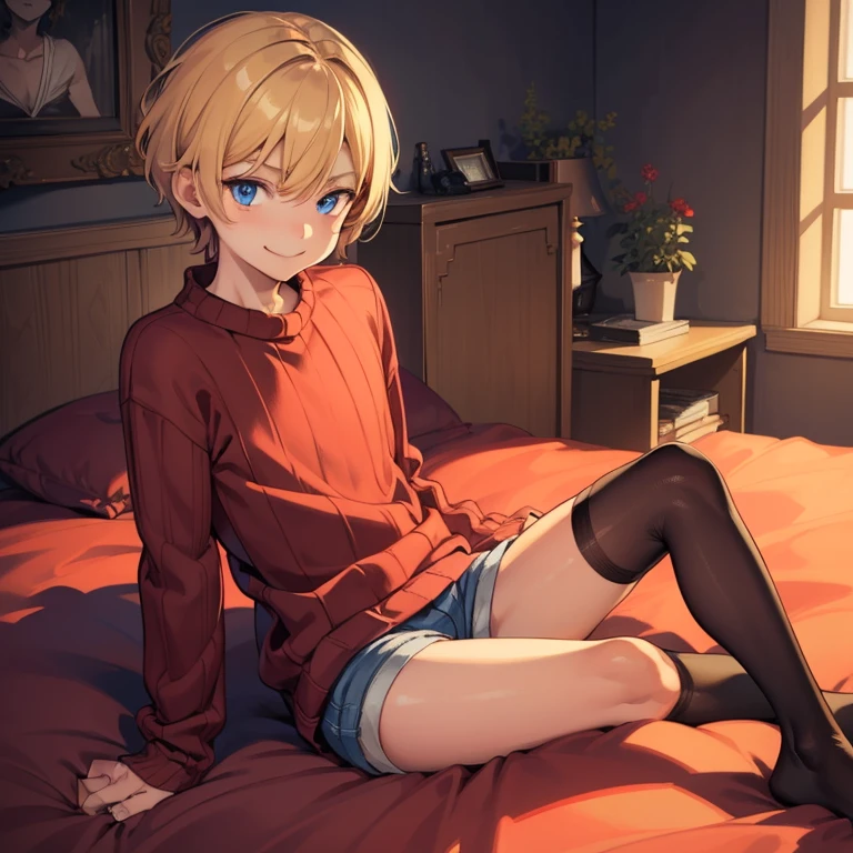 Masterpiece, Best quality, Super detailed illustration, Warm colors, Ideal lighting, One boy, Blue eyes, wears short shorts, red and black striped stockings, dark red long sleeve sweater, in a cosy room, smug smile, tricky glance, Slim, perfect body, sitting on the bed, Night