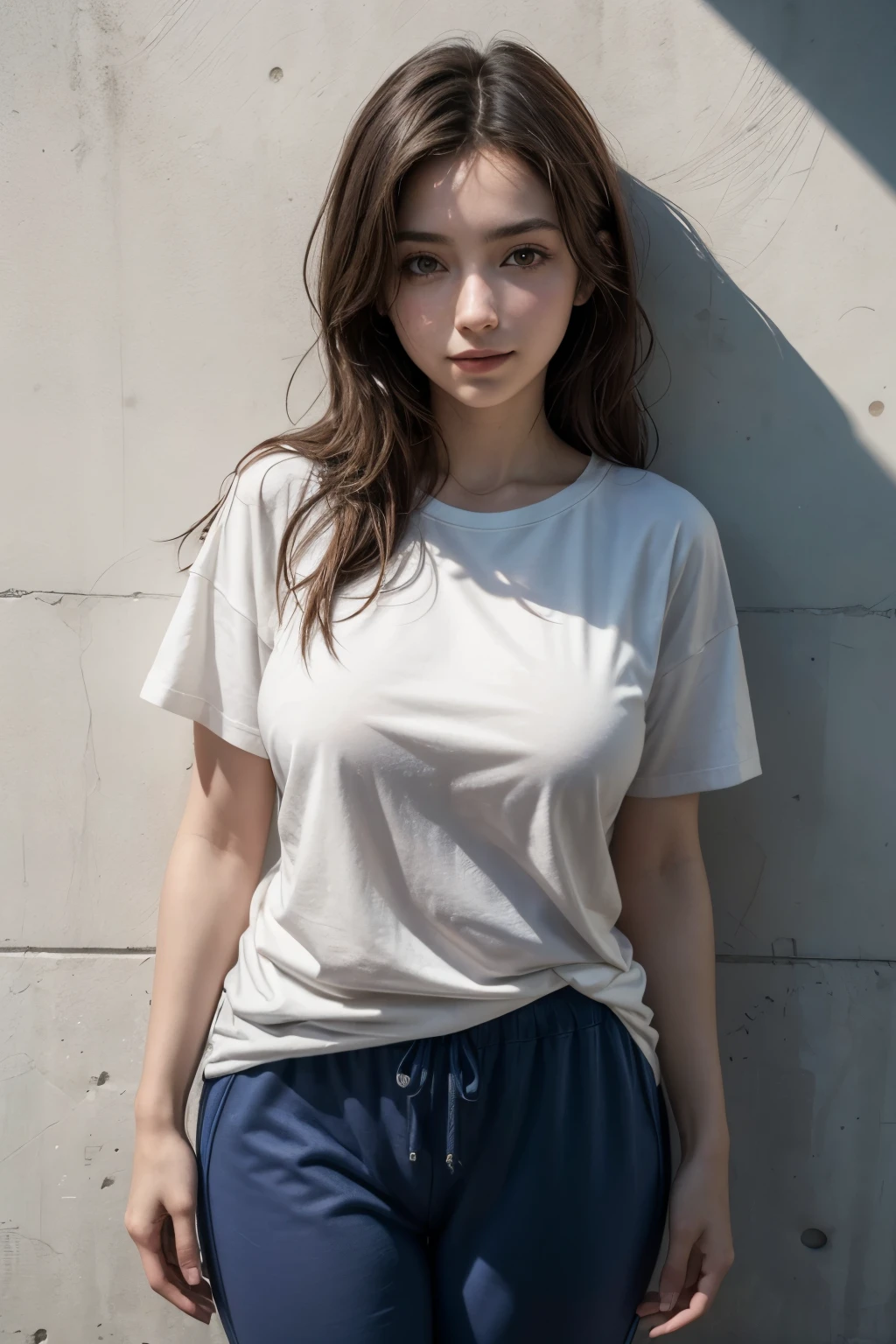 Arafed woman with long loose white t-shirt, short sleeve t-shirt, round neck t-shirt leaning against a wall, 22 year old girl, shaped body, good gym, oversized jogging pants, lean against the wall, alley, (graffiti on the wall), hip hop, smiling, hands in pockets, perfectly symmetrical face, detailed skin, vivid colors, HdR, hard shadows, artistic photography, soft focus, masterpiece, Amazing, atmospheric perspective, diffusion, pore correlation, skin imperfections, 80mm Sigma f2, depth of field, intricate natural lighting Ana de Armas loose-fitting long white t-shirt, short sleeve t-shirt, round neck t-shirt and tight pants