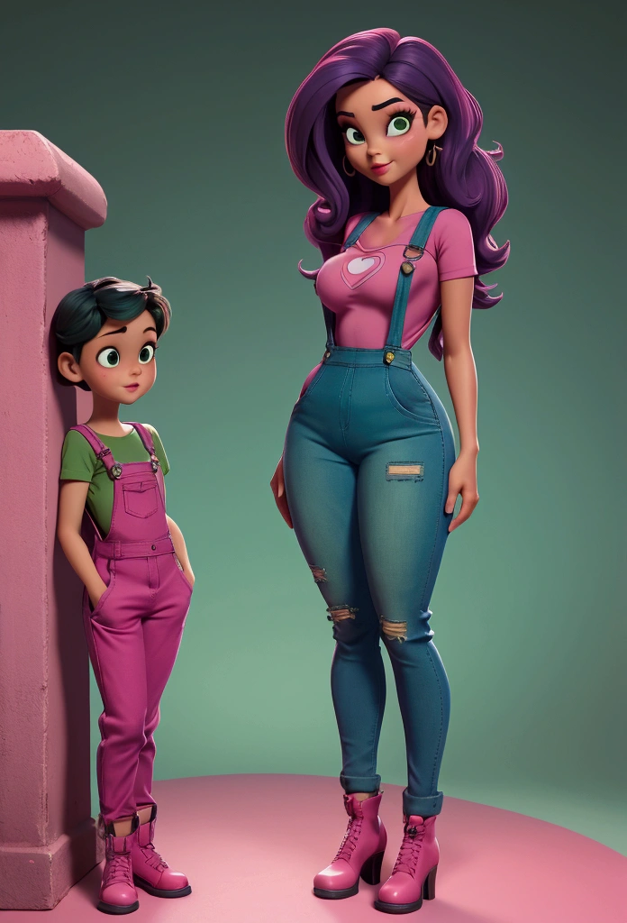 sexy teacher lady, 40 years, latina, Skinny body, big legs, small waist, culona, hourglass body, hourglass curves, jumpsuit very tight to the figure of your body, bright blue, colorful t-shirt (under the overalls) complements the design, big overall pockets (green and pink), children&#39;s designs in pockets, designs of children&#39;s characters in overalls