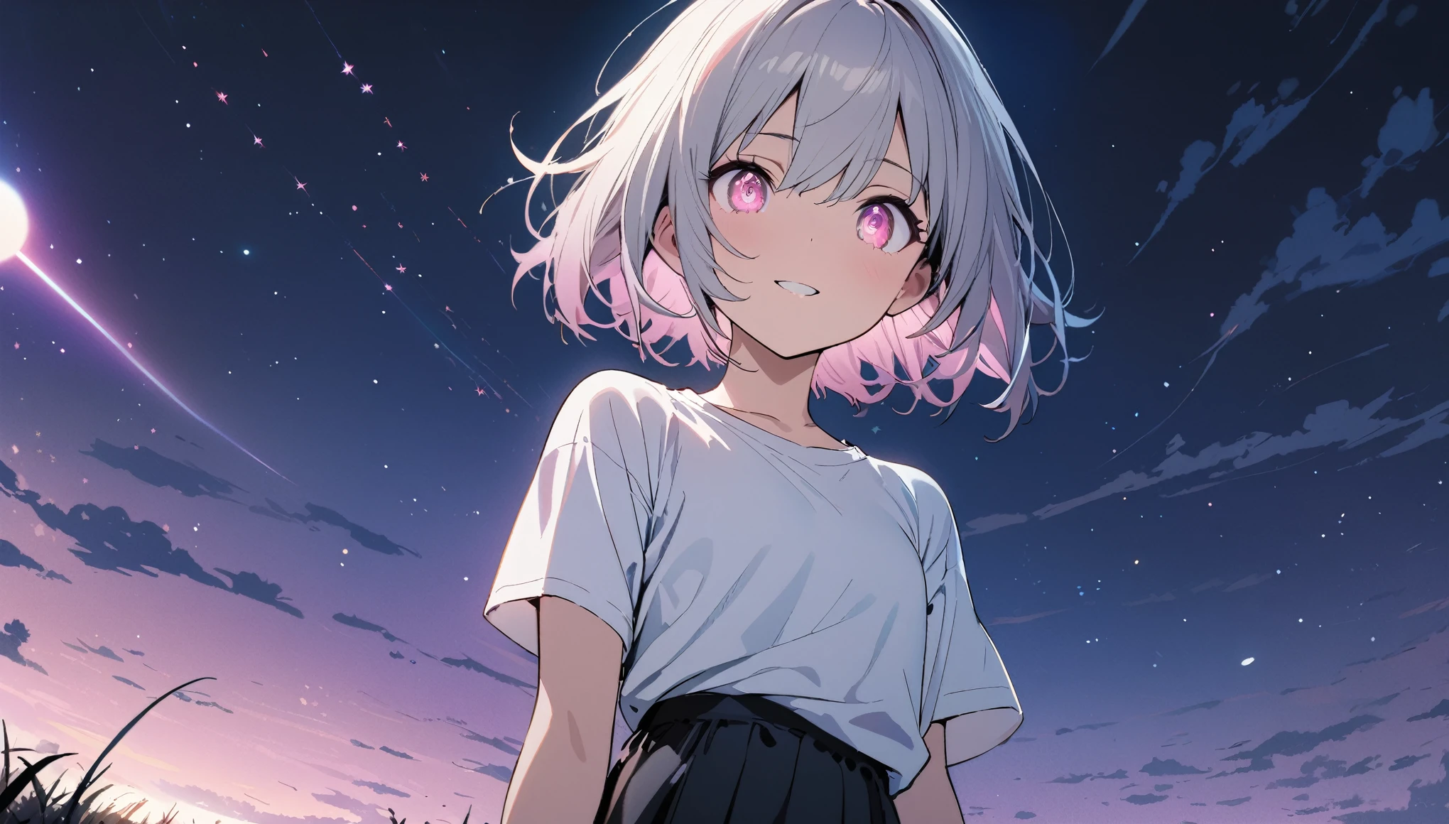 1girl, solo, pink eyes, (detailed eyes), flat chest, pink eyes, (detailed eyes), gentle smile on her face, short hair, silver hair, ((white t-shirt)), simple t-shirt, black skirt, black socks, upper body, ((masterpiece, illustration, best quality)) standing on a field viewing the night sky with dark clouds and stars, a comet passing by, and many stars, upper body, pink and blue night sky