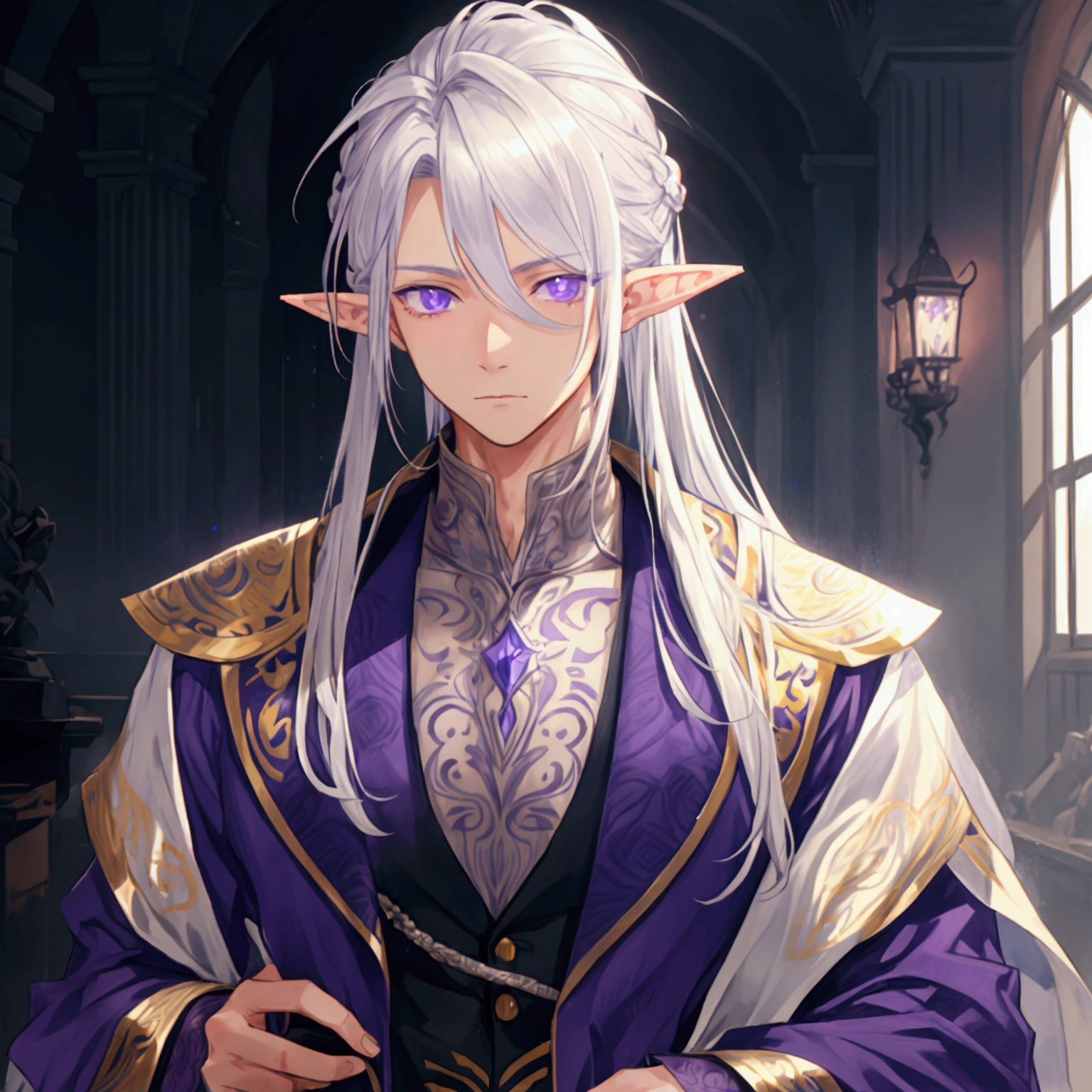 A man with silver hair that reaches his shoulders, with detailed purple eyes and elf ears