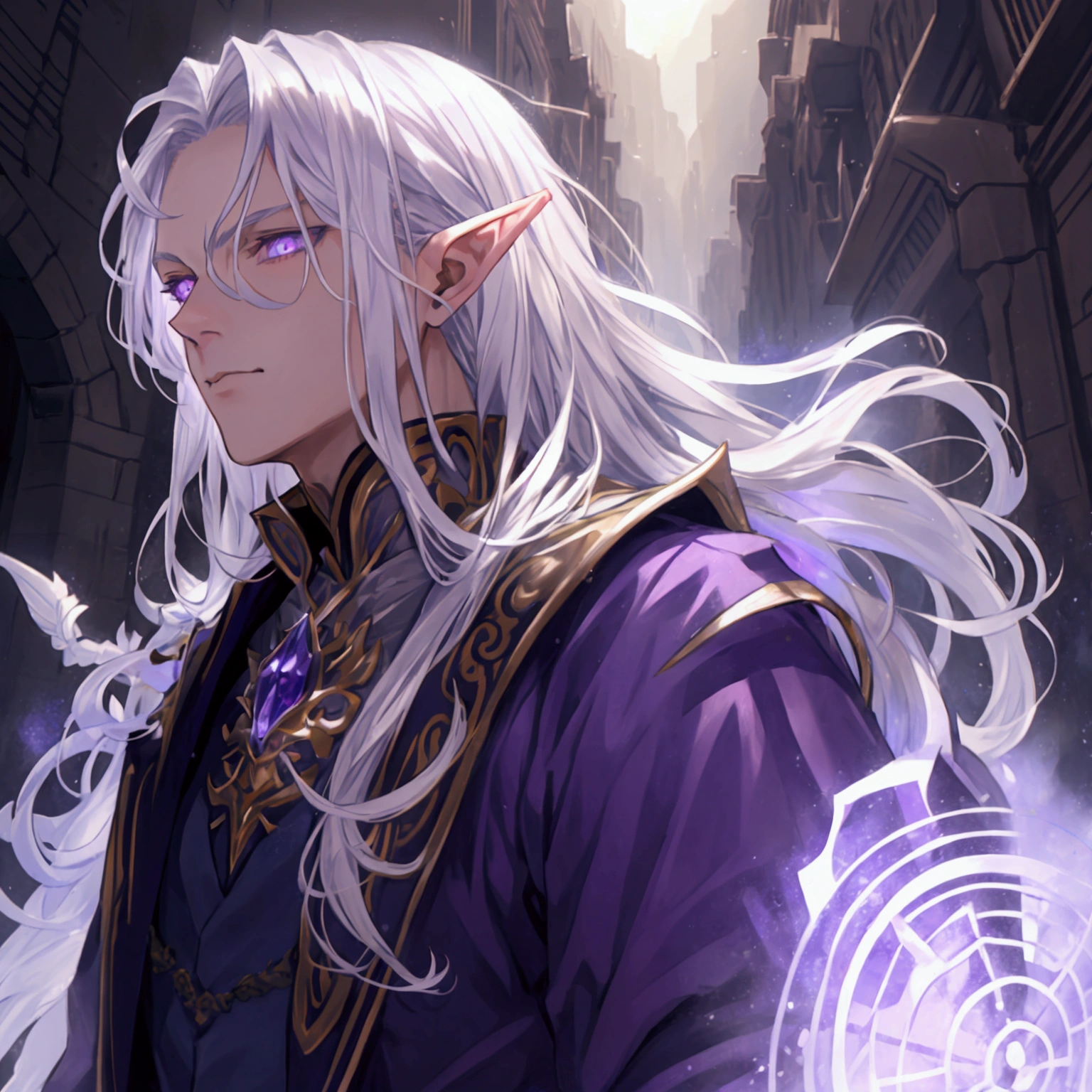 A man with silver hair that reaches his shoulders, with detailed purple eyes and elf ears