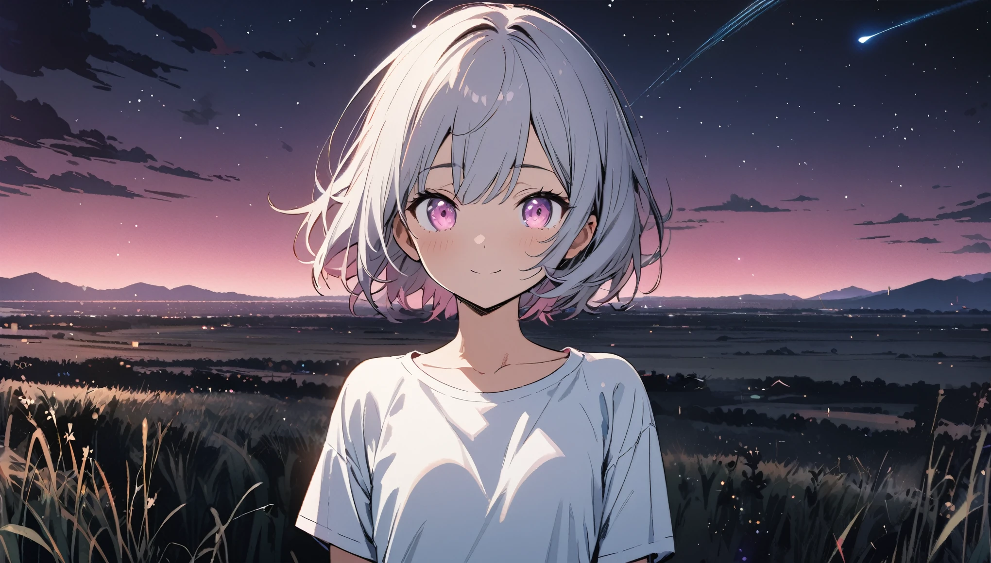 1girl, solo, pink eyes, (detailed eyes), flat chest, pink eyes, (detailed eyes), gentle smile on her face, short hair, silver hair, ((white t-shirt)), simple t-shirt, black skirt, black socks, upper body, ((masterpiece, illustration, best quality)) standing on a field viewing the night sky with dark clouds and stars, a comet passing by, and many stars, upper body, pink and blue night sky