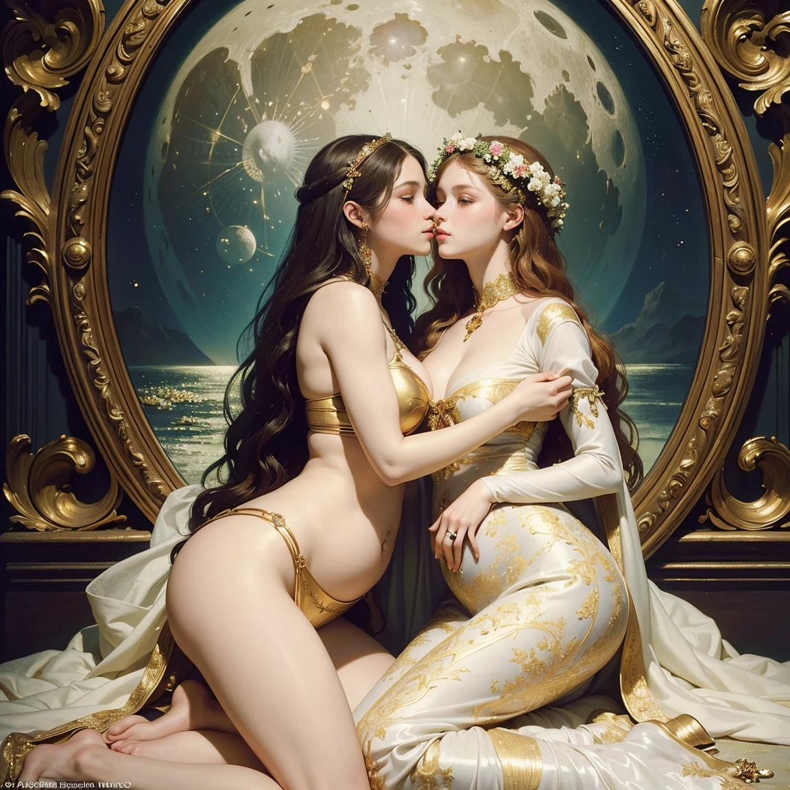 (masterpiece, highest quality, official art, beauty and aesthetic:1.5), oil painting by Leonardo da Vinci and Alfons Maria Mucha, perfect anatomy, two gorgeous and stunning pale-skinned young pregnant goddesses is deeply in love with each other, kiss, fantastic make-up, jewelry, romantic atmosphere, flower and moon, magnificent panorama view