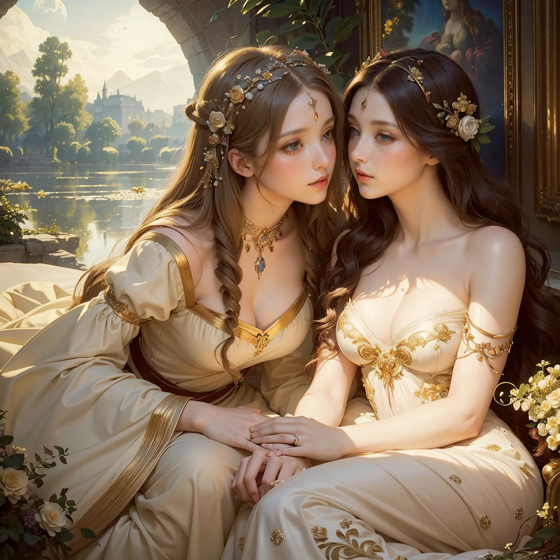 (masterpiece, highest quality, official art, beauty and aesthetic:1.5), oil painting by Leonardo da Vinci and Alfons Maria Mucha, perfect anatomy, two gorgeous and stunning pale-skinned young pregnant goddesses is deeply in love with each other, kiss, fantastic make-up, jewelry, romantic atmosphere, flower and moon, magnificent panorama view