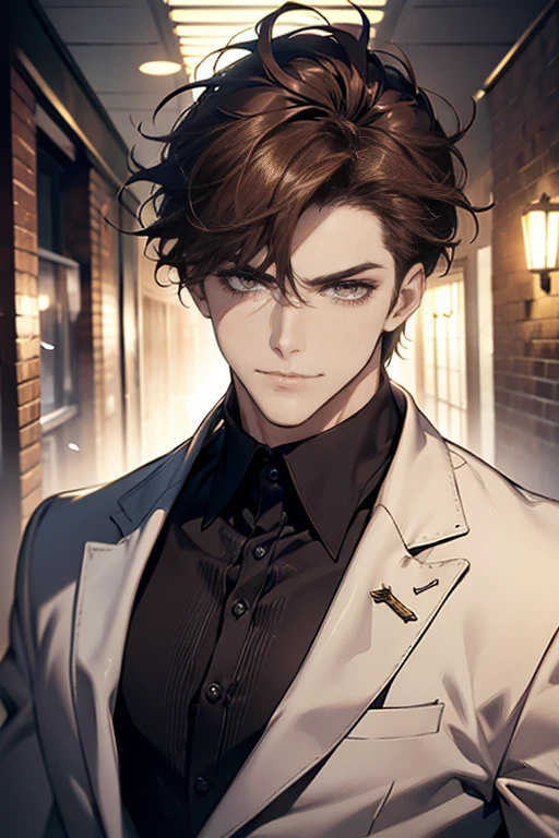 (tmasterpiece, high resolution, ultra - detailed:1.0), (1 male, masculine face), Perfect male body, tall and strong, Adult male, Delicate eyes and delicate face, Extremely detailed CG, Unity 8k wallpaper, Complicated details, Detailed face, (brown hair, messy hair, serious faces, white shirts,Bad students), (frown,evil smile:1.3), stad in school corridor, street style, color difference, Depth of field, dramatic shadow, Ray tracing, Best quality, Cinematic lighting, offcial art,Portrait
