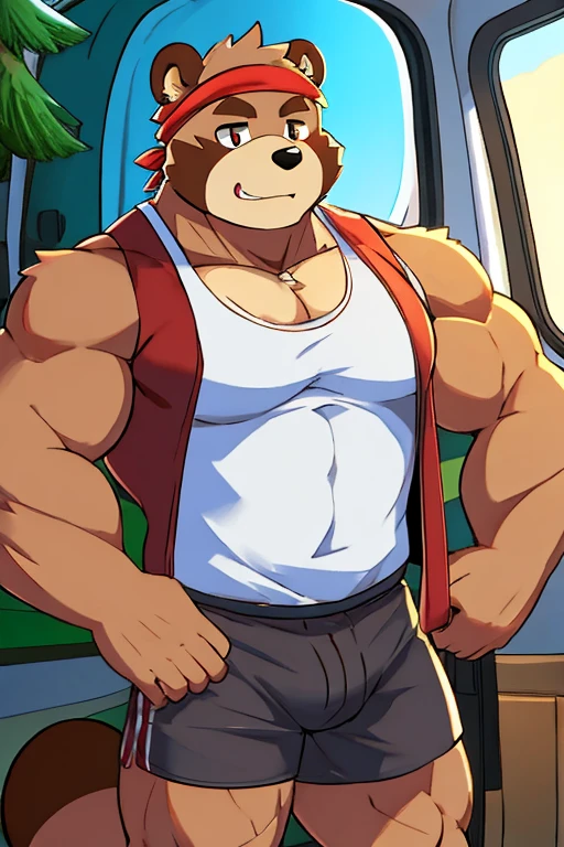Tanuki, light brown vest, light coffee shorts, red bandana on the neck, tanuki tail, camper, muscular