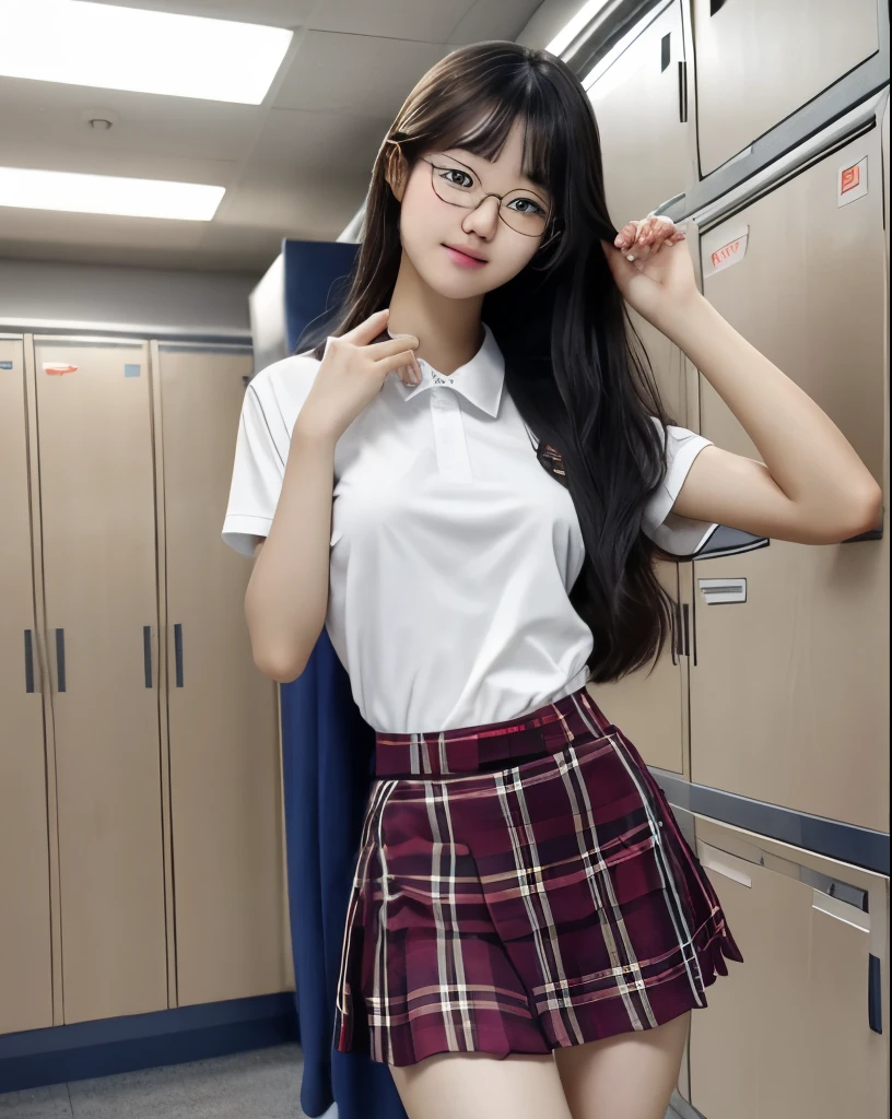 14 year old korean teen girl , in school lockerroom, plaid skirt, glasses, long hair, sexy, , young, slim, slim face, cute ,exposed breasts, ultrarealistic, smirking