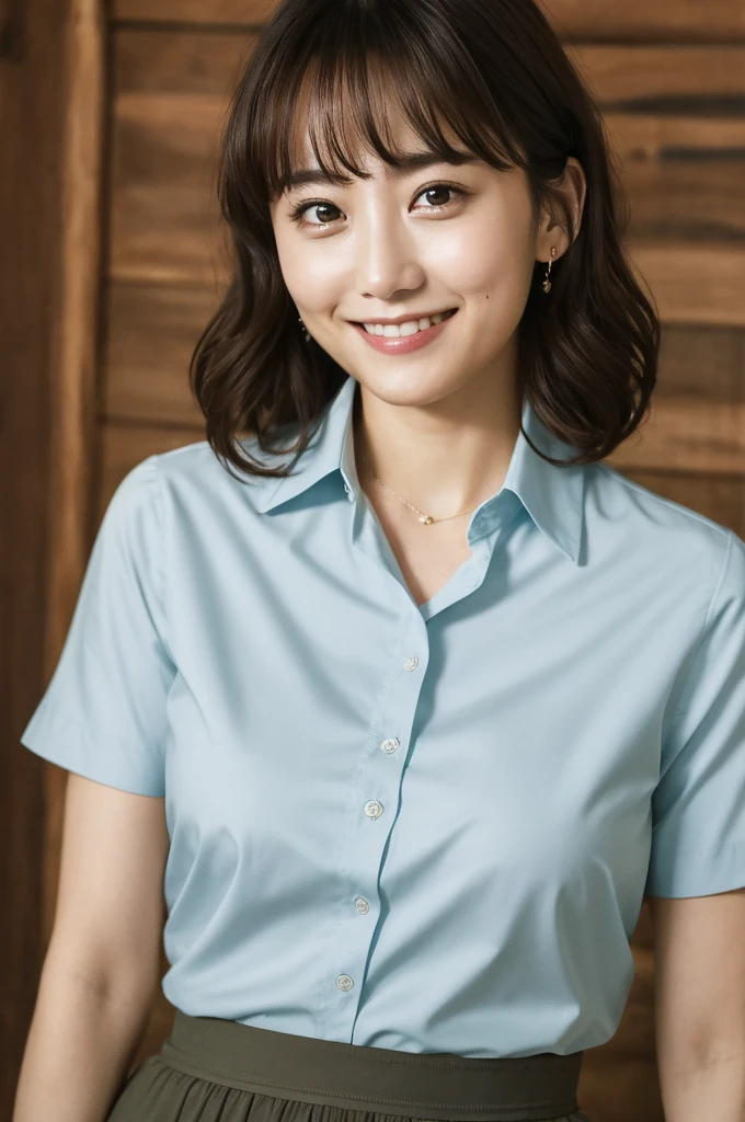 Medium display, Medium Shot, Depth of written boundary, bust, Upper Body, Movie angle, masterpiece, Highest quality, Very detailed, CG, 8k wallpaper, Beautiful Face, Delicate eyes, country々, alone, smile, bangs, skirt, shirt, Have, dress, 
