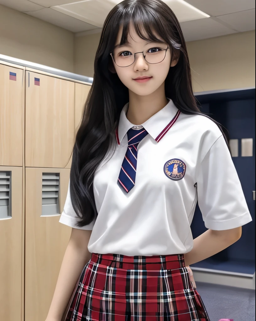 14 year old korean teen girl , in school lockerroom, plaid skirt, glasses, long hair, sexy, , young, slim, slim face, cute ,exposed breasts, ultrarealistic, smirking