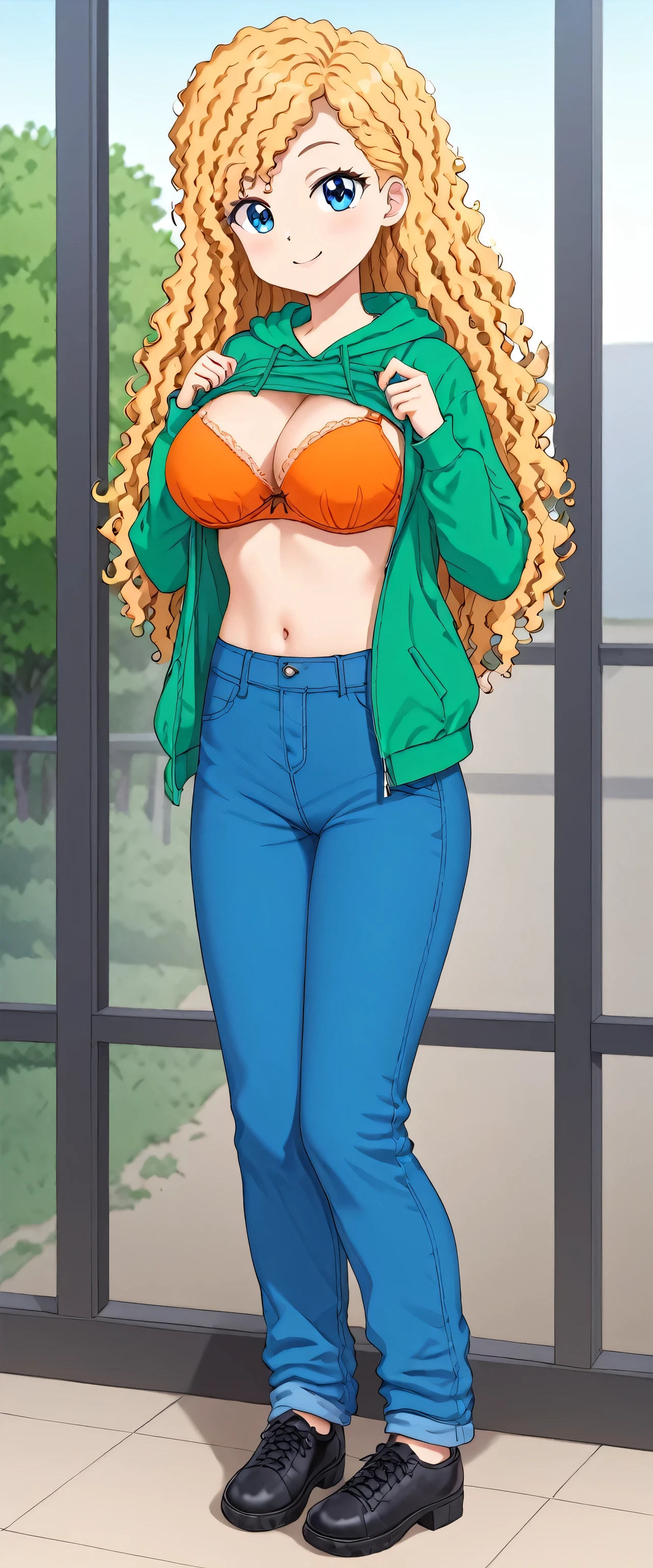 a cute  girl beautiful big breast long curly yellow hair mencho in front her blue eye dresses top orange bra underneath long green sweatshirt and blue pants black shoe