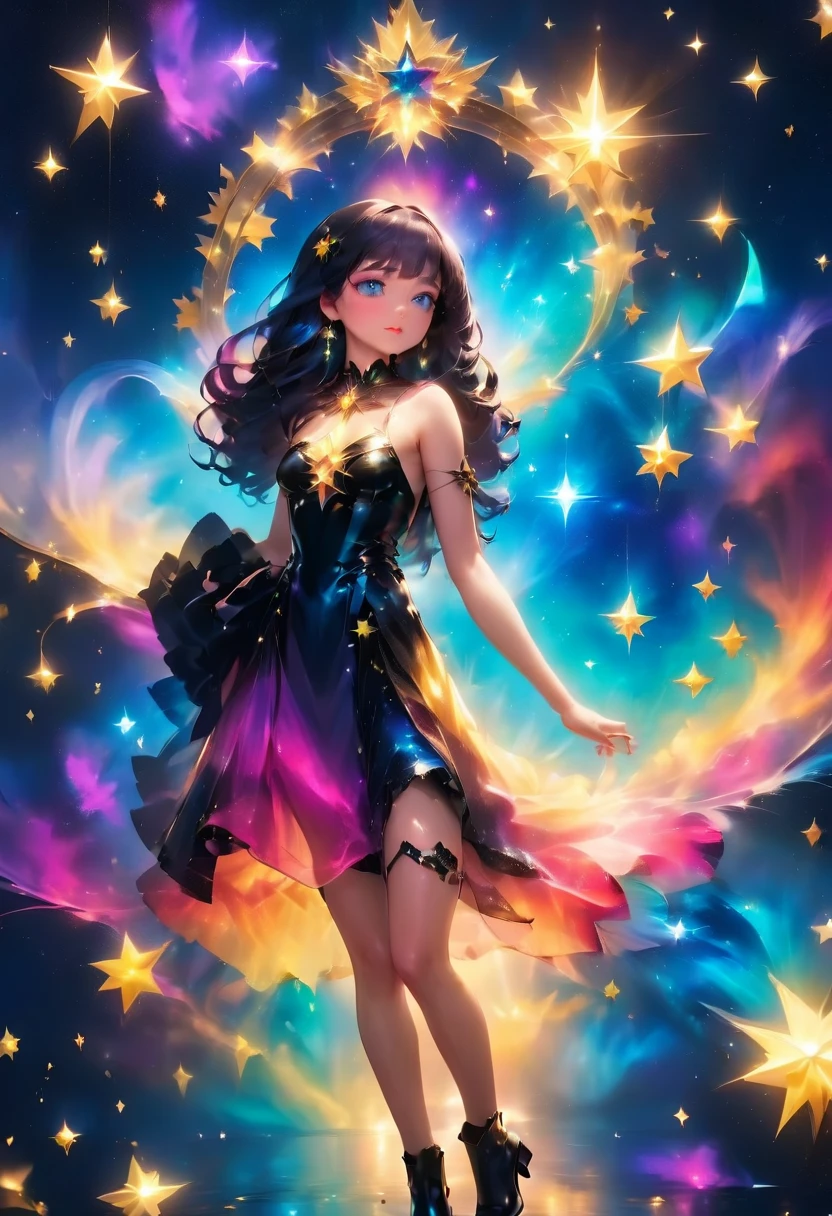 a glamour picture shot, of an elite model covered in stars, walking on a (dark catwalk: 1.2), an extraordinary glamourous elite female model, ((full body: 1.5)),  ((anatomically correct: 1.5), (ultra detailed face: 1.2), best detailed face, yrllow hair, long hair, lush hair, glam hair cut, blue eyes, delicate face, light make up, wearing intricate detailed dress, glamour dress, haute couture dress, elite fashion dress, black as night dress, decorated with bright stars, starlight,  small cleavage, wearing high heels, elegant high heels, she wears diamond necklace, she is glows in a soft starry light, she walks on (asteroid catwalk: 1.2), elite fashion show background, vibrant, Hyperrealism style, vibrant, Ultra-high resolution, High Contrast, (masterpiece:1.5), highest quality, Best aesthetics), best details, best quality, highres, ultra wide angle, 16k, [ultra detailed], masterpiece, best quality, (extremely detailed) RAW, chumbasket art style, magical sky, star