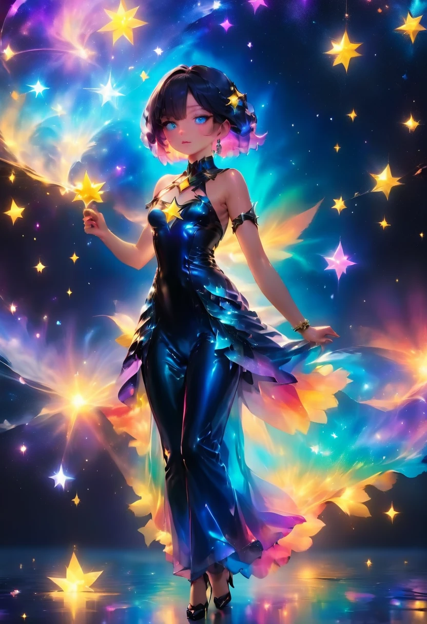 a glamour picture shot, of an elite model covered in stars, walking on a (dark catwalk: 1.2), an extraordinary glamourous elite female model, ((full body: 1.5)),  ((anatomically correct: 1.5), (ultra detailed face: 1.2), best detailed face, yrllow hair, long hair, lush hair, glam hair cut, blue eyes, delicate face, light make up, wearing intricate detailed dress, glamour dress, haute couture dress, elite fashion dress, black as night dress, decorated with bright stars, starlight,  small cleavage, wearing high heels, elegant high heels, she wears diamond necklace, she is glows in a soft starry light, she walks on (asteroid catwalk: 1.2), elite fashion show background, vibrant, Hyperrealism style, vibrant, Ultra-high resolution, High Contrast, (masterpiece:1.5), highest quality, Best aesthetics), best details, best quality, highres, ultra wide angle, 16k, [ultra detailed], masterpiece, best quality, (extremely detailed) RAW, chumbasket art style, magical sky, star