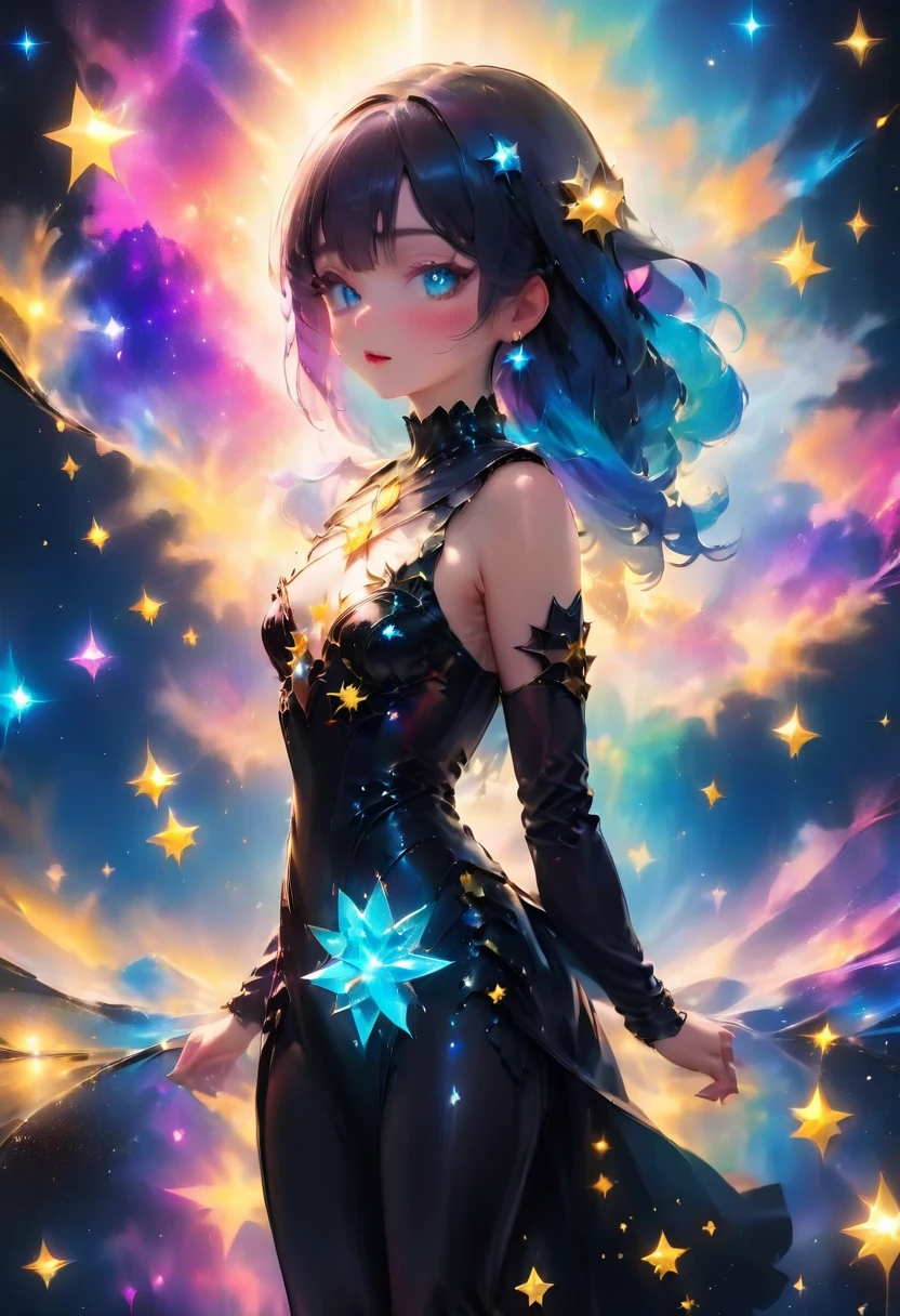 a glamour picture shot, of an elite model covered in stars, walking on a (dark catwalk: 1.2), an extraordinary glamourous elite female model, ((full body: 1.5)),  ((anatomically correct: 1.5), (ultra detailed face: 1.2), best detailed face, yrllow hair, long hair, lush hair, glam hair cut, blue eyes, delicate face, light make up, wearing intricate detailed dress, glamour dress, haute couture dress, elite fashion dress, black as night dress, decorated with bright stars, starlight,  small cleavage, wearing high heels, elegant high heels, she wears diamond necklace, she is glows in a soft starry light, she walks on (asteroid catwalk: 1.2), elite fashion show background, vibrant, Hyperrealism style, vibrant, Ultra-high resolution, High Contrast, (masterpiece:1.5), highest quality, Best aesthetics), best details, best quality, highres, ultra wide angle, 16k, [ultra detailed], masterpiece, best quality, (extremely detailed) RAW, chumbasket art style, magical sky, star