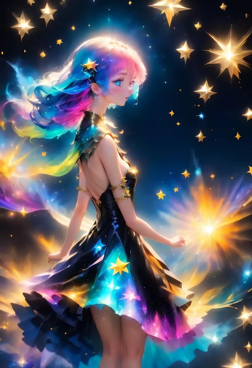 a glamour picture shot, of an elite model covered in stars, walking on a (dark catwalk: 1.2), an extraordinary glamourous elite female model, ((full body: 1.5)),  ((anatomically correct: 1.5), (ultra detailed face: 1.2), best detailed face, yrllow hair, long hair, lush hair, glam hair cut, blue eyes, delicate face, light make up, wearing intricate detailed dress, glamour dress, haute couture dress, elite fashion dress, black as night dress, decorated with bright stars, starlight,  small cleavage, wearing high heels, elegant high heels, she wears diamond necklace, she is glows in a soft starry light, she walks on (asteroid catwalk: 1.2), elite fashion show background, vibrant, Hyperrealism style, vibrant, Ultra-high resolution, High Contrast, (masterpiece:1.5), highest quality, Best aesthetics), best details, best quality, highres, ultra wide angle, 16k, [ultra detailed], masterpiece, best quality, (extremely detailed) RAW, chumbasket art style, magical sky, star