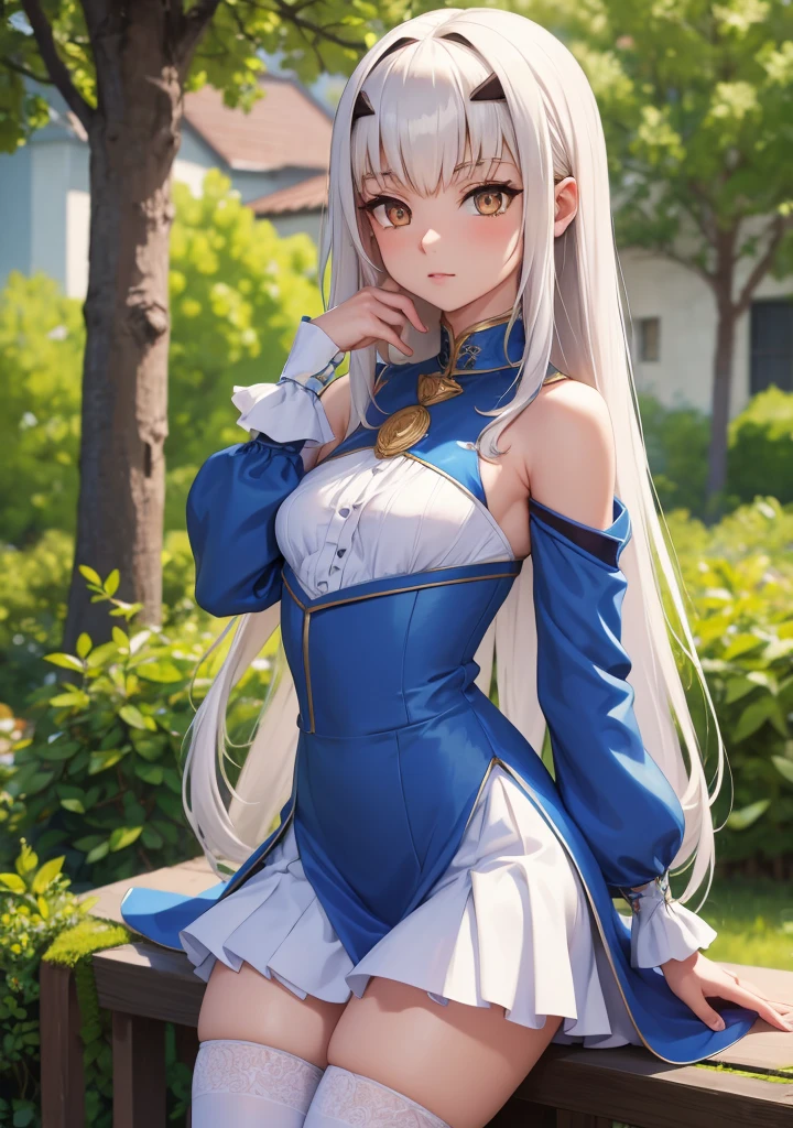 melusine, melusine, (brown eyes:1.5), long hair, white hair, sidelocks, (small breast:1.2),
BREAK blue dress, dress, frills, long sleeves, thighhighs, thighs, white thighhighs,
BREAK looking at viewer,
BREAK outdoors,
BREAK (masterpiece:1.2), best quality, high resolution, unity 8k wallpaper, (illustration:0.8), (beautiful detailed eyes:1.6), extremely detailed face, perfect lighting, extremely detailed CG, (perfect hands, perfect anatomy),