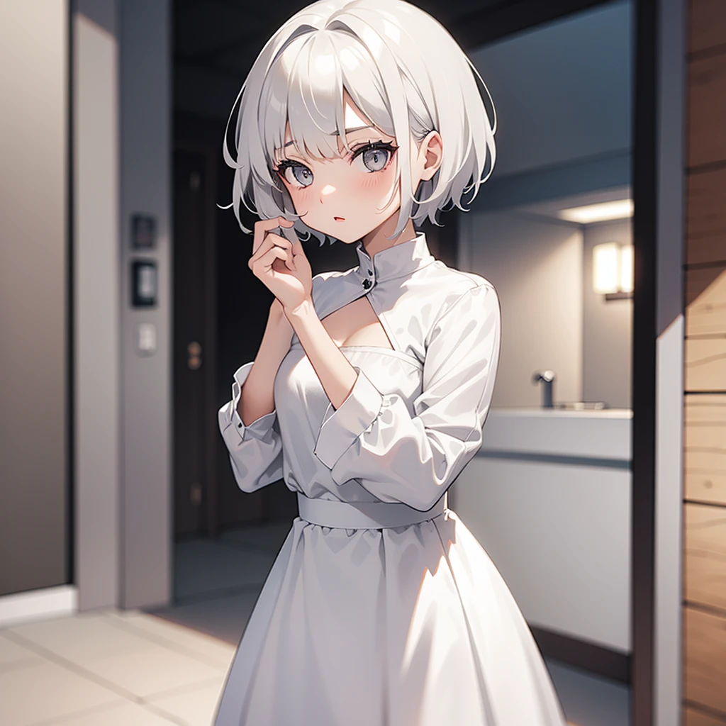 girl, with short white hair, white eyes and a gray dress 