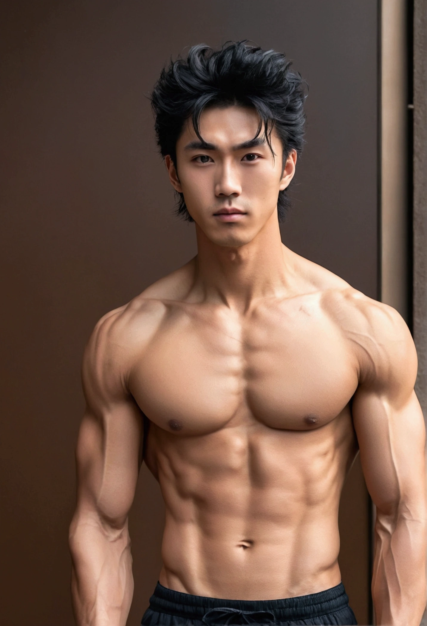 a man, with Japanese features, black bowl hair, black eyes, light skin, Gym clothes ,very muscular, slender and strong body, Clear Skin, he has a sexy male face