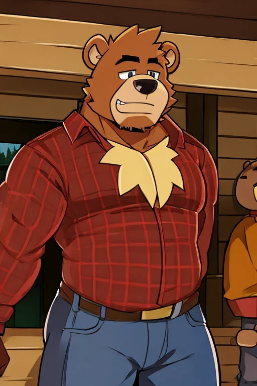 bear man, high, red plaid long sleeve shirt, Jeans, woodcutter, gordo