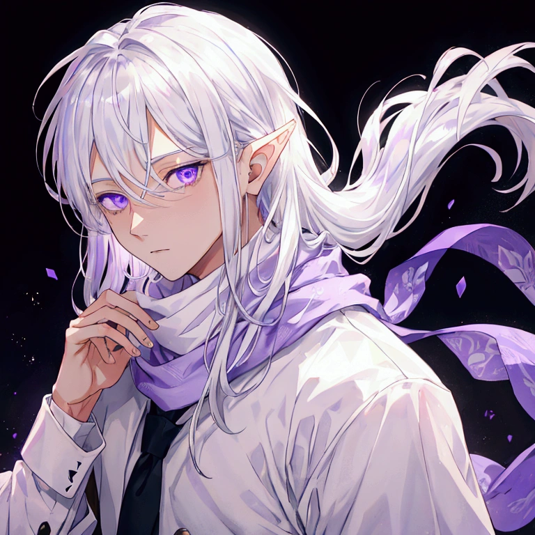 A man with silver hair that reaches his shoulders, with detailed purple eyes and elf ears, he wears a white scarf and white clothes