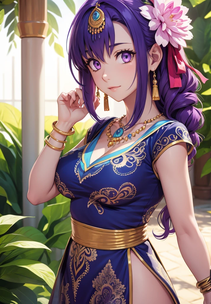 parvati, parvati, long hair, (purple eyes:1.1), purple hair,
BREAK bracelet, flower, hair flower, hair ornament, indian clothes, jewelry, necklace, side slit,
BREAK looking at viewer,
BREAK outdoors,
BREAK (masterpiece:1.2), best quality, high resolution, unity 8k wallpaper, (illustration:0.8), (beautiful detailed eyes:1.6), extremely detailed face, perfect lighting, extremely detailed CG, (perfect hands, perfect anatomy),