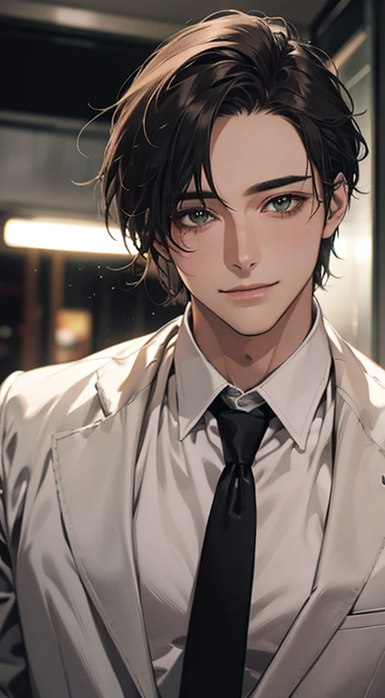 (Highest quality,4K,8K,High resolution,masterpiece:1.2),Super detailed,(Realistic,photoRealistic,photo-Realistic:1.37),1 person,34 years old,Mature Men,Beautiful skin、very handsome,Expressionless smile in love,Short gray brown hair,green eyes,Sharp Eyes,A perfect face without a doubt,Businessman, CEO, Office Background,Cinema Lighting,HDR image,tie、