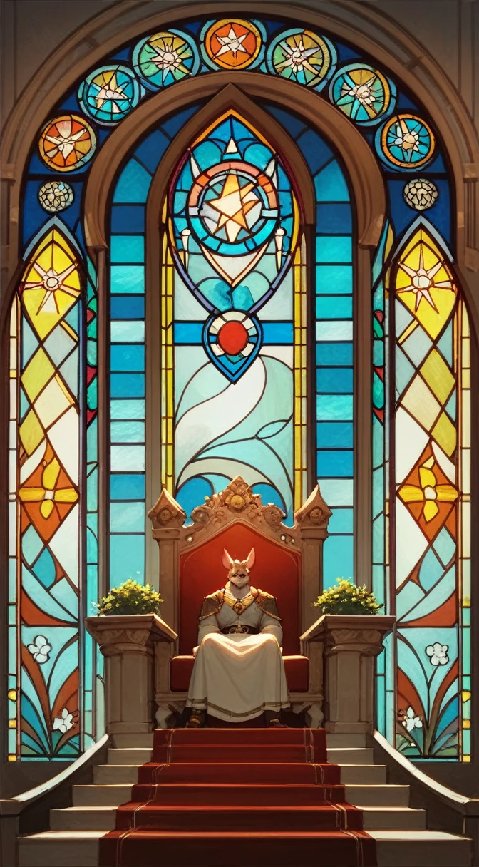 Classic Oil painting of an anthropomorphic Lionness God of Light stqnding, in a white toga with silver trim, and intricate gold amulet. Close behind her a square marble throne, ornate stained glass circular window behind her. Small stone steps leading up to her. Cinematic Look, highest quality, highly detailed,