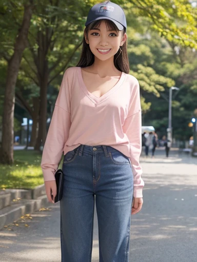 Japanese female, a lot of details, (underweight), detailed black hair, beautiful detailed hair, super fucking beautiful, delicate beautiful face, complex details beautiful and delicate eyes, perfect hands, (flat chest best quality:1.5), perfect and delicate limbs, detailed skin, best quality, ultra-detailed,(cheerful grin:1.5),
park, standing, (touching nose), semi long, (long-sleeved t-shirt), (loose jeans), (pink cap), Japanese, in the park, blue sky and shining lights, chill atmosphere, (full body shot), low angle shot, golden hour