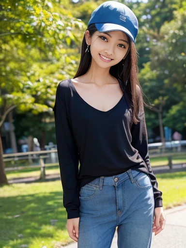 Japanese female, a lot of details, (underweight), detailed black hair, beautiful detailed hair, super fucking beautiful, delicate beautiful face, complex details beautiful and delicate eyes, perfect hands, (flat chest best quality:1.5), perfect and delicate limbs, detailed skin, best quality, ultra-detailed,(cheerful grin:1.5),
park, standing, (touching nose), semi long, (long-sleeved t-shirt), (loose jeans), (pink cap), Japanese, in the park, blue sky and shining lights, chill atmosphere, (full body shot), low angle shot, golden hour