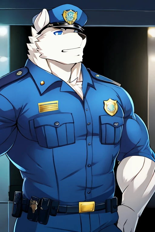 polar bone, police, muscular, blue eyes