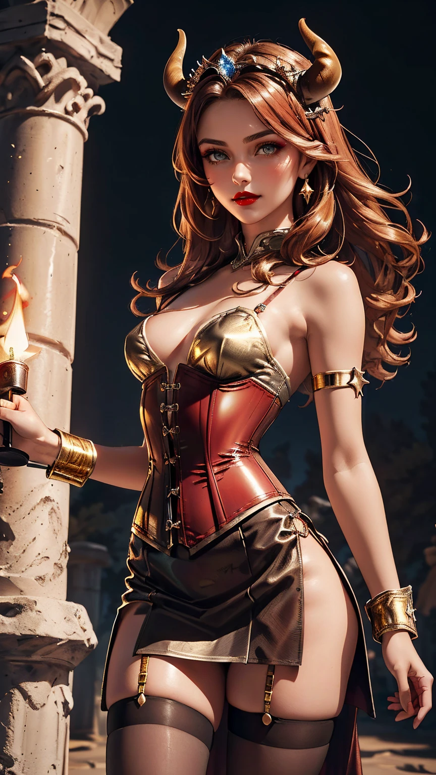 240710B. Masterpiece. A hyper realistic image of Claire. Beautiful woman. ((Perfect body)). Sexy. Slim. ((Solo)). ((Minotaur. In the Dimly lit labyrinth with stone walls and flickering torches. Standing confidently by a stone pillar, skirt flowing around her. Brown leather corset with gold accents, dark red flowing skirt with high slit, and gladiator-style straps. Sheer black stockings. Hairstyle: Wild, loose curls. Makeup: Smoky eyeshadow, dark red lips. Gold arm cuffs, horned headpiece.)). (See-through, bare pantyhose). ((Show erected small areolas thru clothes)). ((Show trimmed vulva)). ((Divine features, oval face)). Graceful presence. (Captivating and perfect grey eyes). (Silky ginger hair). Rosy tint complexion. Captivating smile with enchanting lips. Slender figure. ((Perfect hands)). Sense of style with alluring charm. Effortless elegance, sophisticated. ((High fashion image)). (((((Cowboy shot))))).