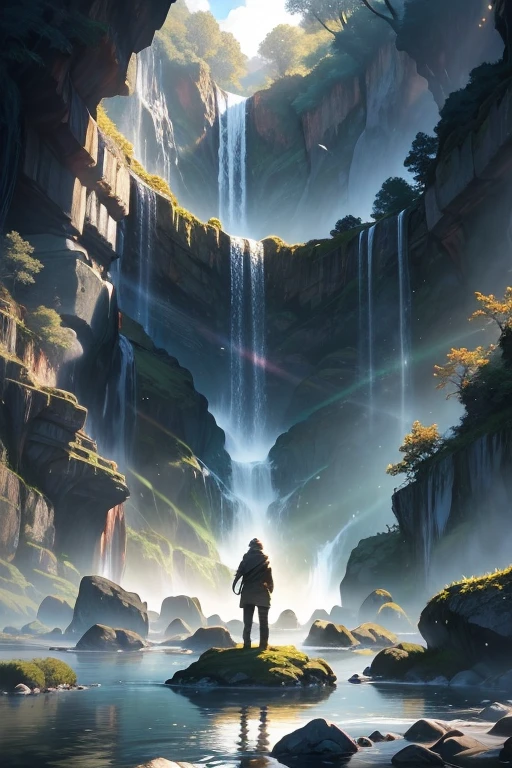 shadow man, distant, under a waterfall, Rocks around the waterfall, sun reflections ,((artwork)), ((image from afar)), ((expansive image)). 4k, ((high quality)), ((very beautiful environment))