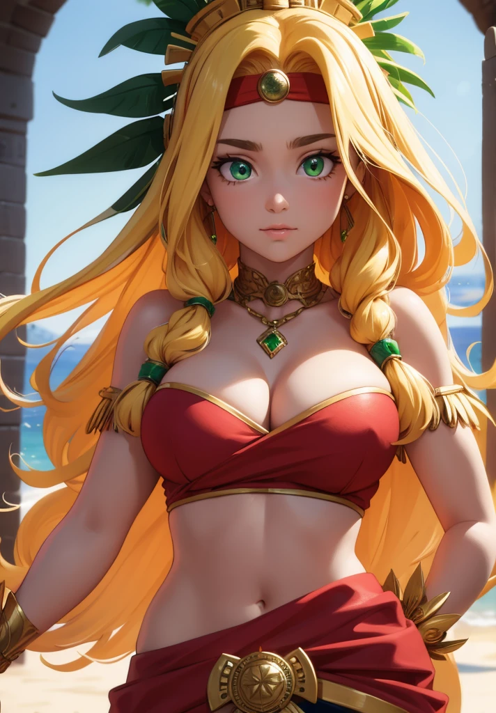 quetzalcoatl, quetzalcoatl, long hair, sidelocks, yellow hair, (green eyes:1.5), wavy hair, (large breast:1.2),
BREAK aztec, bracelet, choker, headband, headdress, jewelry, midriff, navel, short sleeves, wristlet,
BREAK looking at viewer,
BREAK outdoors,
BREAK (masterpiece:1.2), best quality, high resolution, unity 8k wallpaper, (illustration:0.8), (beautiful detailed eyes:1.6), extremely detailed face, perfect lighting, extremely detailed CG, (perfect hands, perfect anatomy),