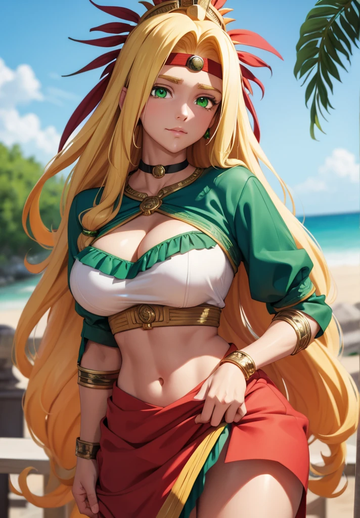 quetzalcoatl, quetzalcoatl, long hair, sidelocks, yellow hair, (green eyes:1.5), wavy hair, (large :1.2),
BREAK aztec, bracelet, choker, headband, headdress, jewelry, midriff, navel, short sleeves, wristlet,
BREAK looking at viewer,
BREAK outdoors,
BREAK (masterpiece:1.2), best quality, high resolution, unity 8k wallpaper, (illustration:0.8), (beautiful detailed eyes:1.6), extremely detailed face, perfect lighting, extremely detailed CG, (perfect hands, perfect anatomy),