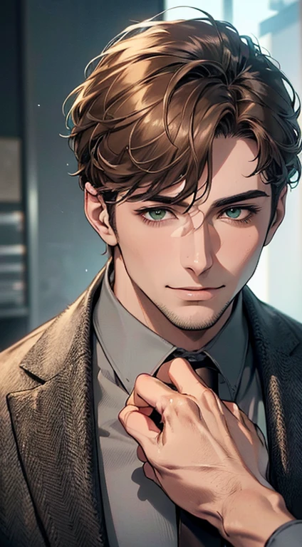 (best quality,4k,8k,highres,masterpiece:1.2),ultra-detailed,(realistic,photorealistic,photo-realistic:1.37),cinematic lighting,1:4 hdr image,a mature man, 29 years old,very handsome,cold expression smile in love, short grey brown hair, green eyes,flawless face,buttoning his jacket,CEO