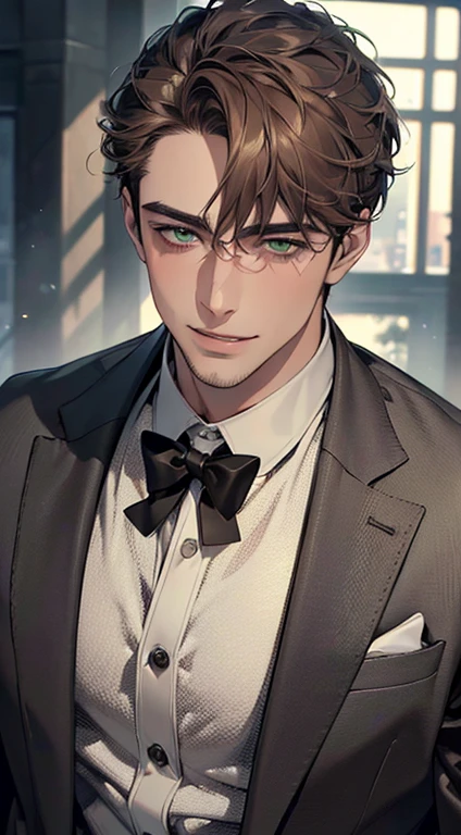 (best quality,4k,8k,highres,masterpiece:1.2),ultra-detailed,(realistic,photorealistic,photo-realistic:1.37),cinematic lighting,1:4 hdr image,a mature man, 29 years old,very handsome,cold expression smile in love, short grey brown hair, green eyes,flawless face,buttoning his jacket,CEO