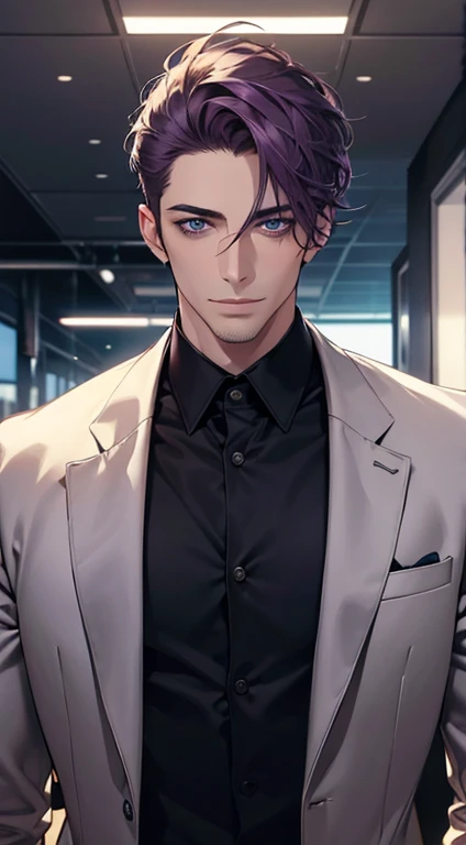 (best quality,4k,8k,highres,masterpiece:1.2),ultra-detailed,(realistic,photorealistic,photo-realistic:1.37),1 man,31 years old,mature man,very handsome,without expression,smile,short purple hair,blue eyes,penetrating gaze,perfect face without errors,imposing posture,businessman,office background,cinematic lighting,hdr image