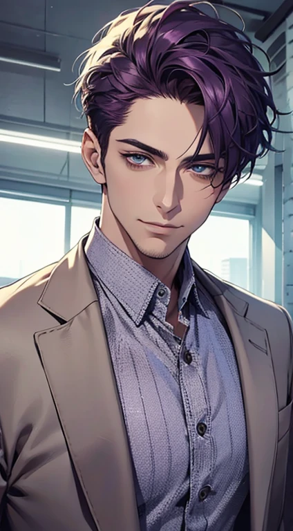 (best quality,4k,8k,highres,masterpiece:1.2),ultra-detailed,(realistic,photorealistic,photo-realistic:1.37),1 man,31 years old,mature man,very handsome,without expression,smile,short purple hair,blue eyes,penetrating gaze,perfect face without errors,imposing posture,businessman,office background,cinematic lighting,hdr image