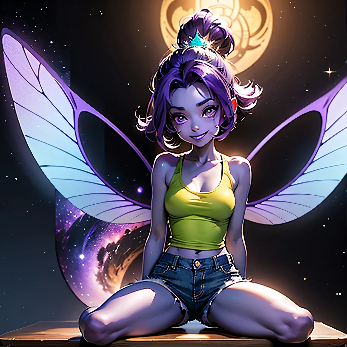 Sitting Cross-legged on top of a desk, (Purple flawless skin:1.5), Space station background, Beautiful tiny female fairy creature with Large, expressive eyes, short wavy sparkly purple hair and a happy smile. An athletic agile body, tiny translucent wings. Wearing a green tank top and denim shorts