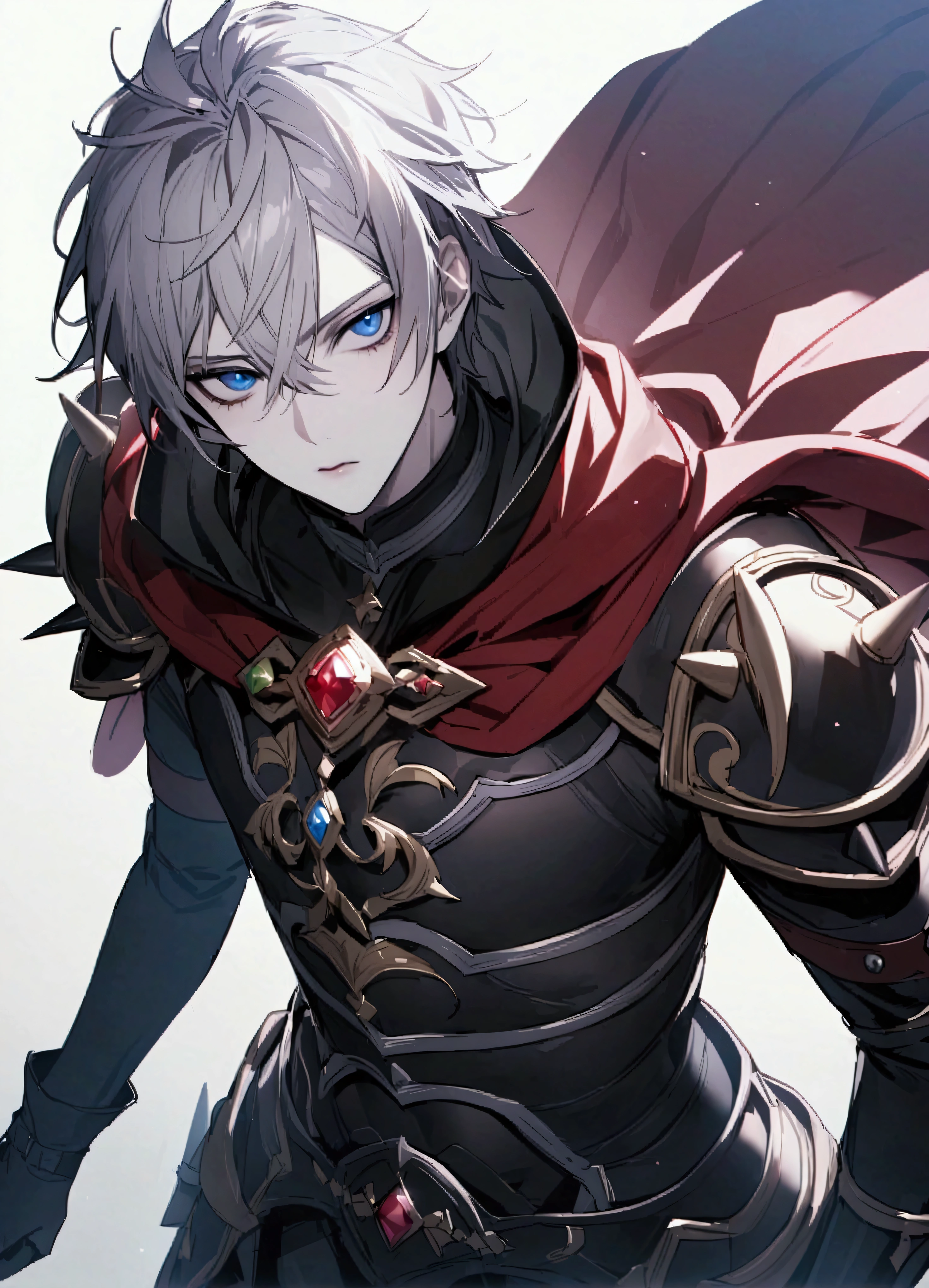 masterpiece、Highest quality、solo、Male Focus、Karuna(Fate)、One Boy、armor、Gray Hair、Beautiful Boy、spike、Cape、arms、Have、blue eyes、See who's watching、White background、armsをHave、Simple Background、Pale skin、gem、胸のgem、長柄arms、Hair between the eyes、Are standing、Mouth closed、Bodysuits
