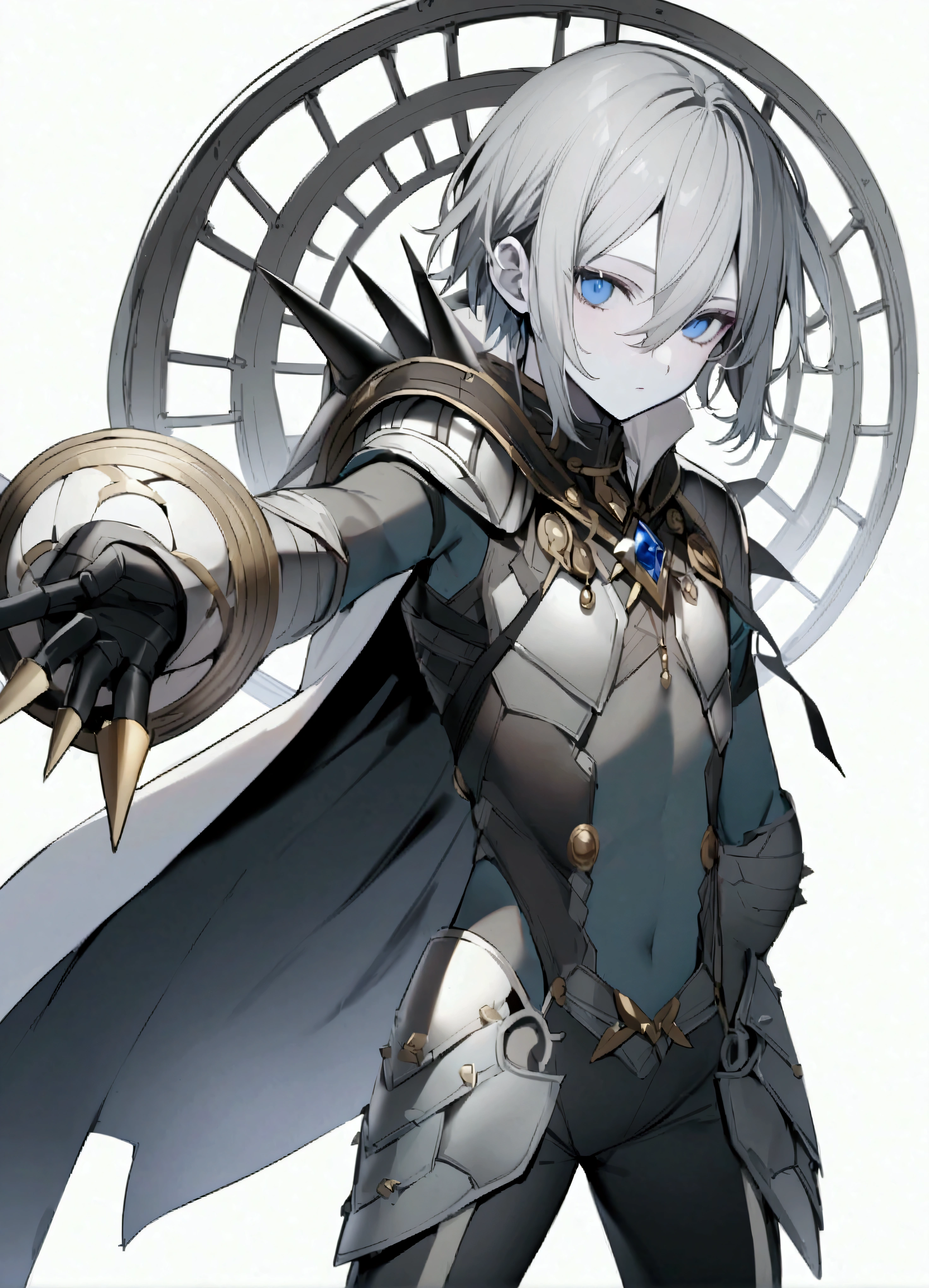 masterpiece、Highest quality、solo、Male Focus、Karuna(Fate)、One Boy、armor、Gray Hair、Beautiful Boy、spike、Cape、arms、Have、blue eyes、See who's watching、White background、armsをHave、Simple Background、Pale skin、gem、胸のgem、長柄arms、Hair between the eyes、Are standing、Mouth closed、Bodysuits