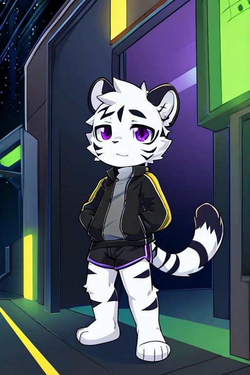 White fur tiger, little, with white tail, black jacket, address shirt, shorts negros, purple eyes, hacker 