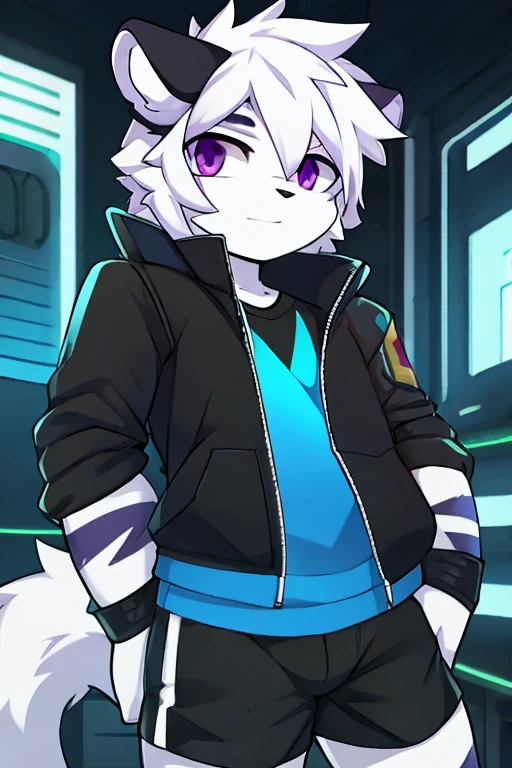 White fur tiger, little, with white tail, black jacket, address shirt, shorts negros, purple eyes, hacker