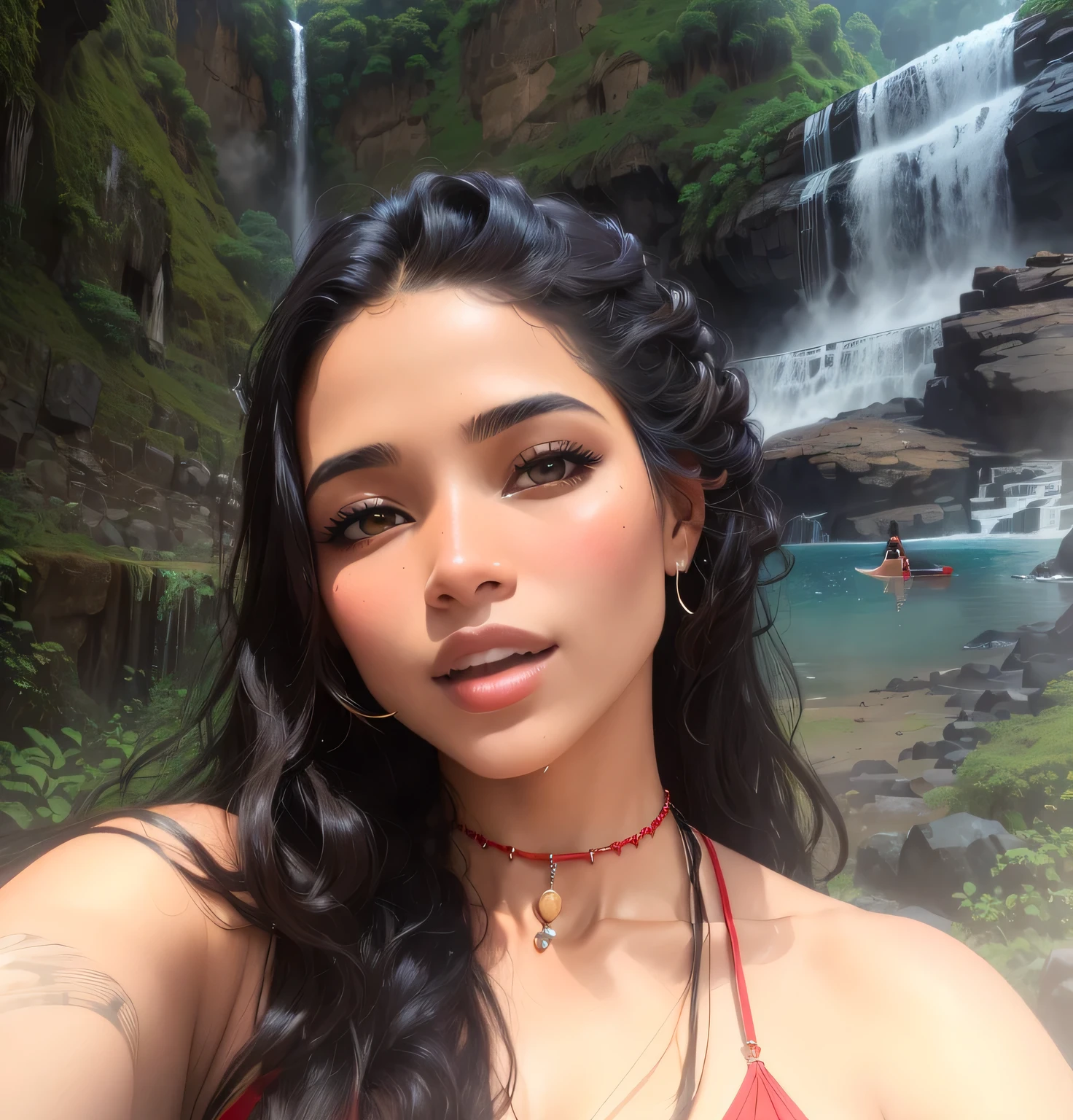 Arafa woman in a red bikini posing for a photo in front of a waterfall, waterfalls in the background, looks like fabiula natal, horn necklace around the neck, sexly, linda.