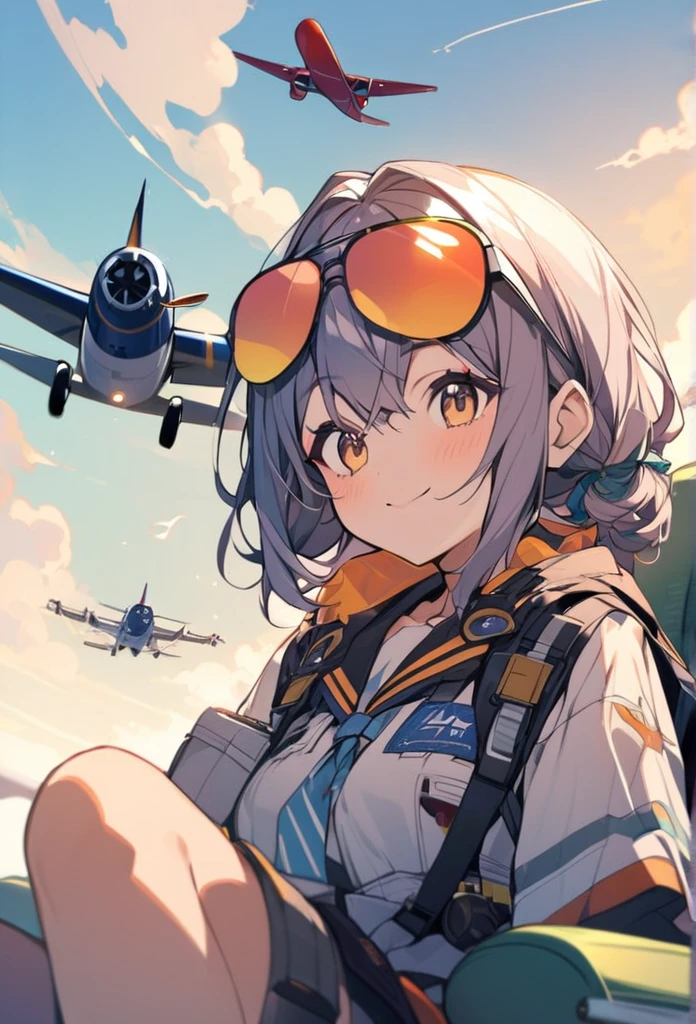 One girl,pilot、plane、sunglasses、A relaxed expression